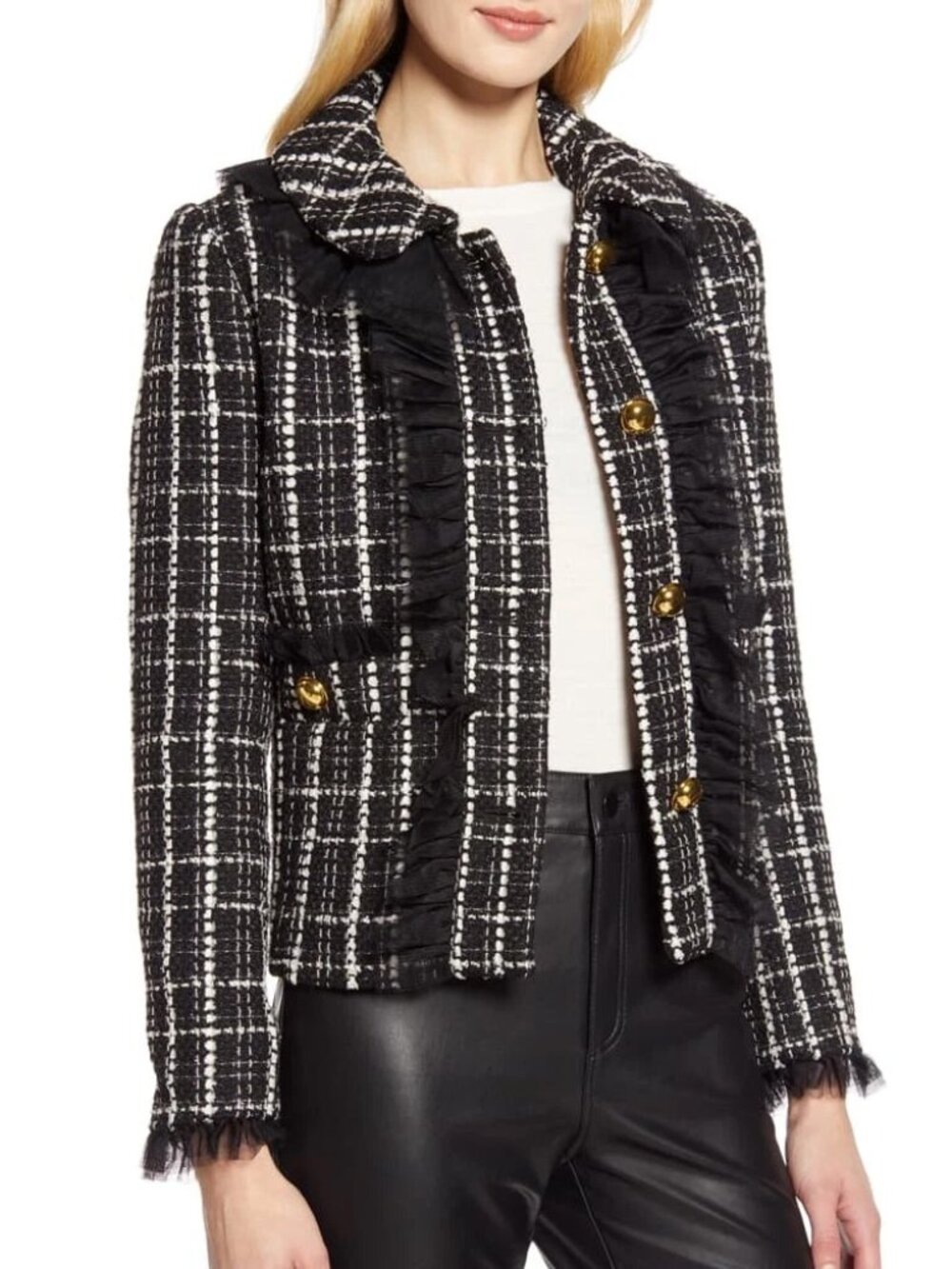 Halogen x Atlantic Pacific Tulle Plaid Tweed Blazer Jacket S Black White $199